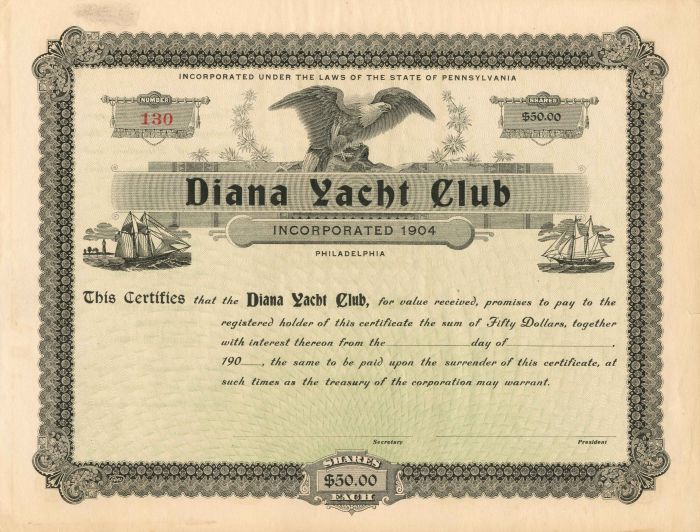Diana Yacht Club - Stock Certificate