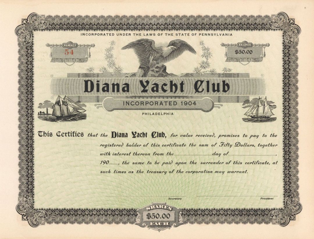 Diana Yacht Club - Unissued Shipping Stock Certificate