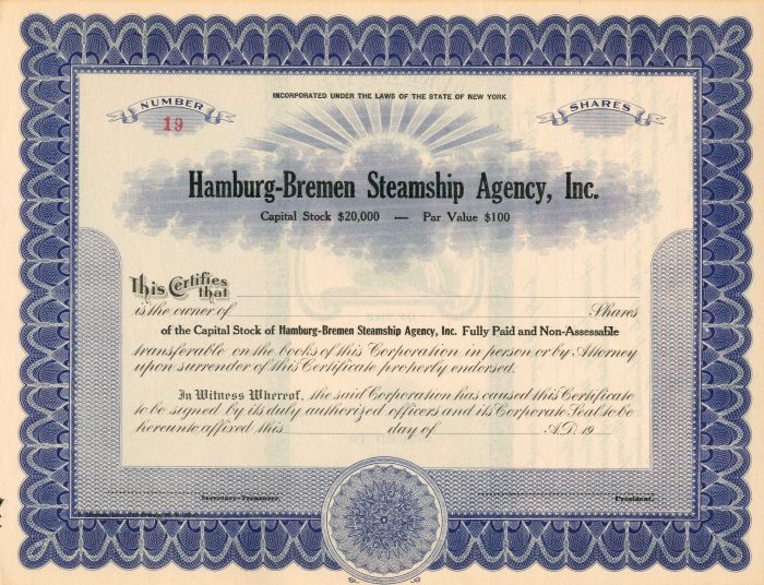 Hamburg-Bremen Steamship Agency, Inc. - Shipping Stock Certificate
