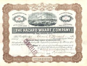 Hazard Wharf Co. - 1902 dated Stock Certificate