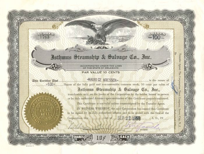 Isthmus Steamship and Salvage Co., Inc. - Stock Certificate