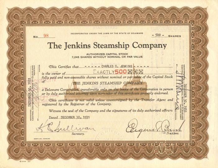 Jenkins Steamship Co. - Stock Certificate