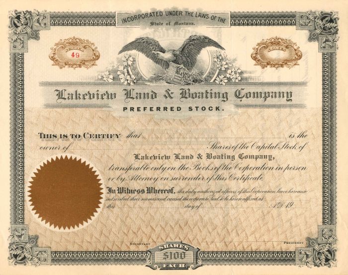 Lakeview Land and Boating Co. - 1900's dated Montana Stock Certificate