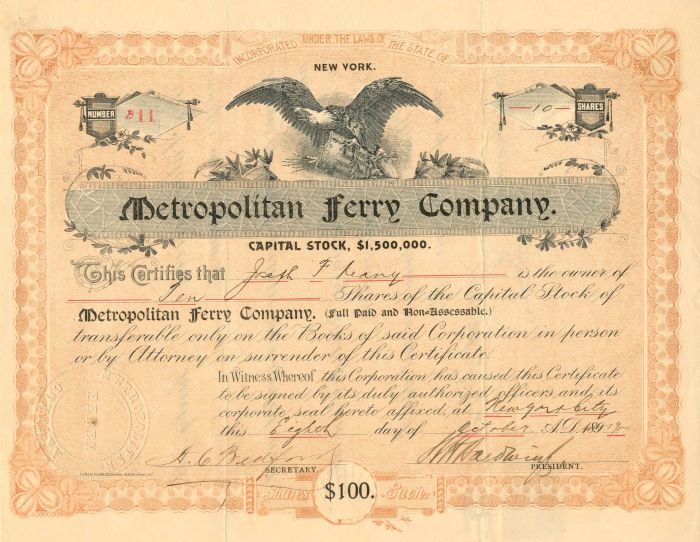 Metropolitan Ferry Co. - Stock Certificate