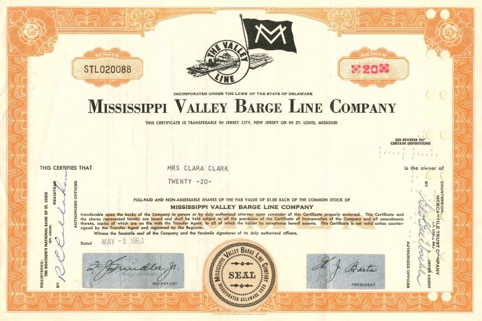 Mississippi Valley Barge Line Co. - Stock Certificate