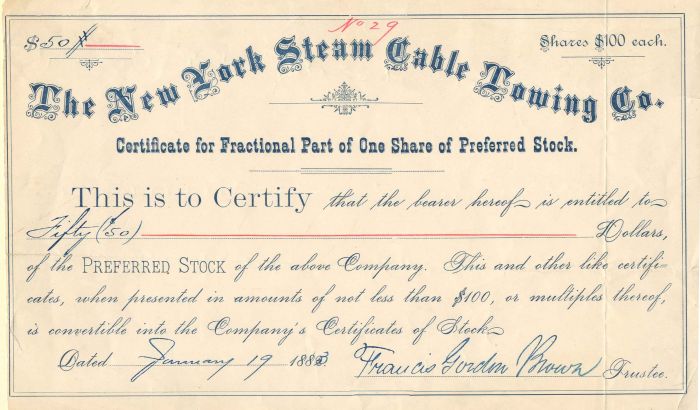 New York Steam Cable Towing Co. - Stock Certificate
