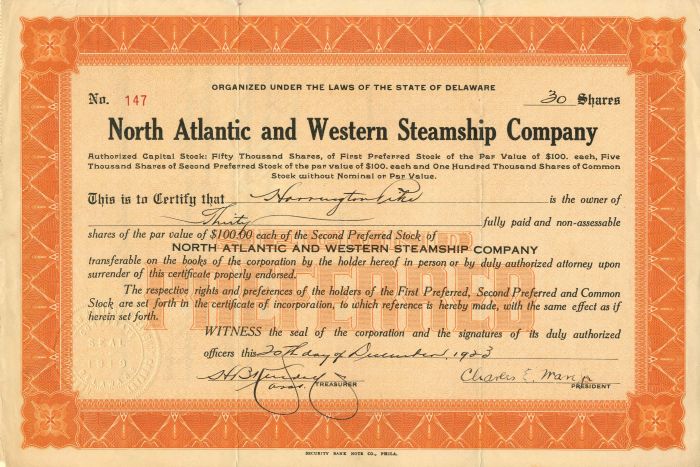 North Atlantic and Western Steamship Co. - Stock Certificate