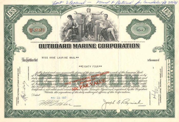 Outboard Marine Corporation - 1957 dated Maritime Stock Certificate