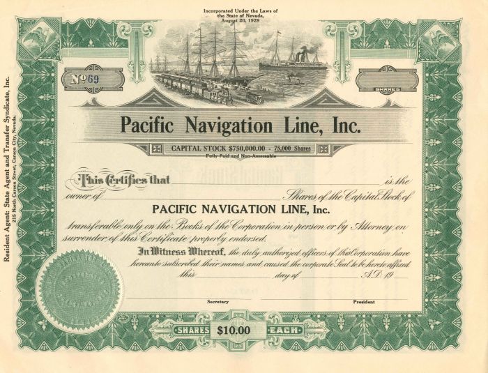 Pacific Navigation Line, Inc. - Stock Certificate