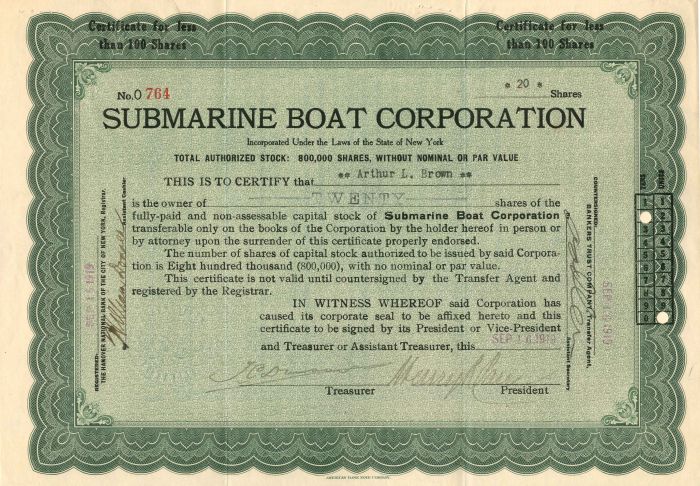 Submarine Boat Corporation - Stock Certificate