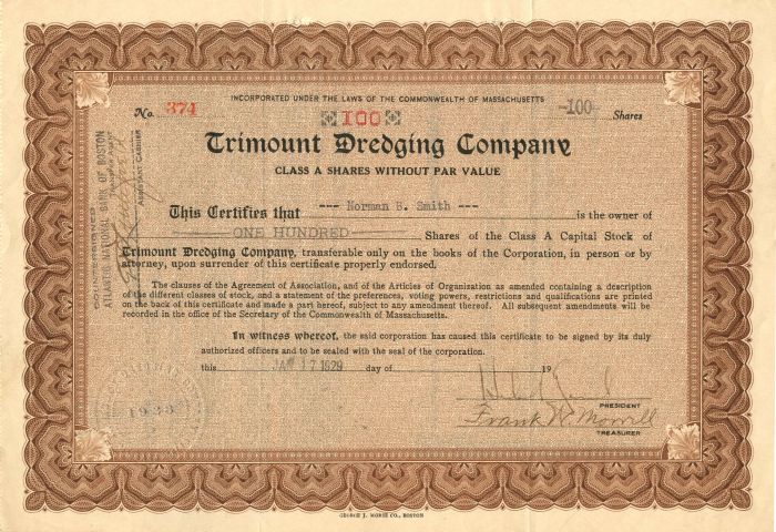 Trimount Dredging Co. - Stock Certificate