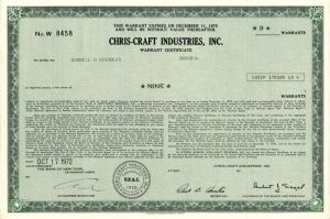 Chris-Craft Industries, Inc. - 1972 Boat Making Company Stock Certificate