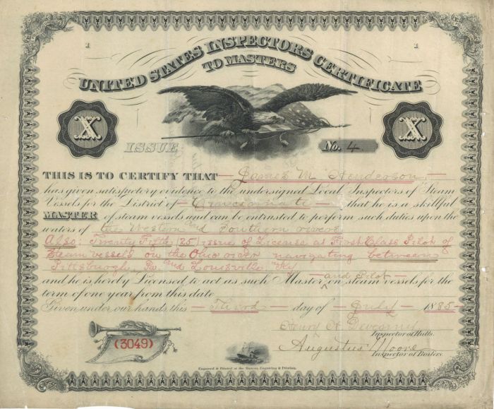 United States Inspectors Certificate to Masters - Steam Shipping Americana