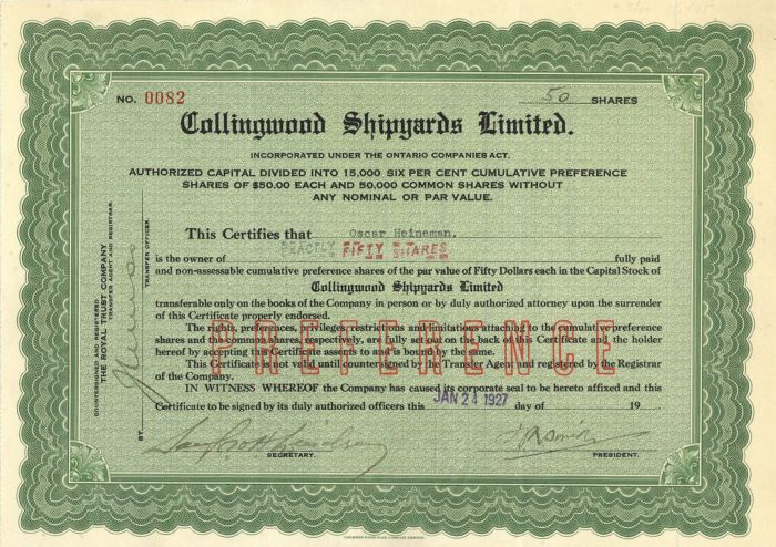 Collingwood Shipyards Limited - Stock Certificate