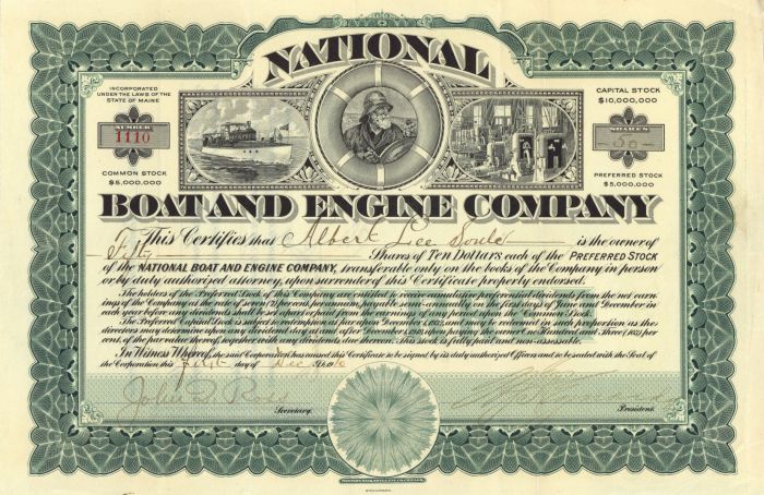 National Boat and Engine Co. - Gorgeous Triple Vignette Shipping Stock Certificate