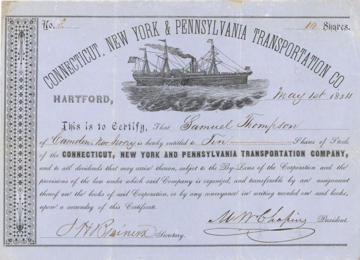 Connecticut, New York and Pennsylvania Transportation Co. - Shipping Stock Certificate