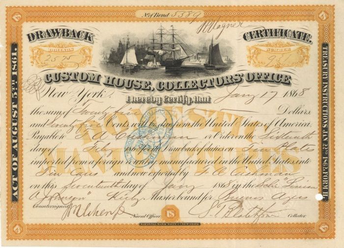 Custom House, Collector's Office - Shipping Drawback Bond Certificate