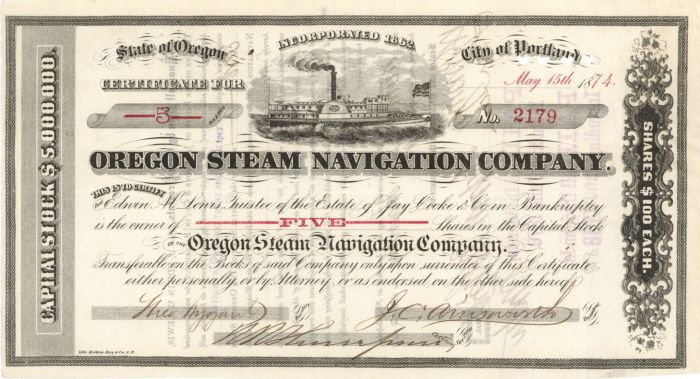 Oregon Steam Navigation Co. - 1874 dated Shipping Stock Certificate