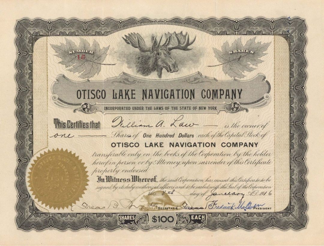 Otisco Lake Navigation Co. - 1916 dated Stock Certificate