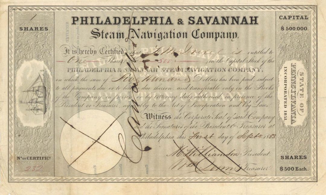 Philadelphia and Savannah Steam Navigation Co. - 1852 or 1853 dated Stock Certificate