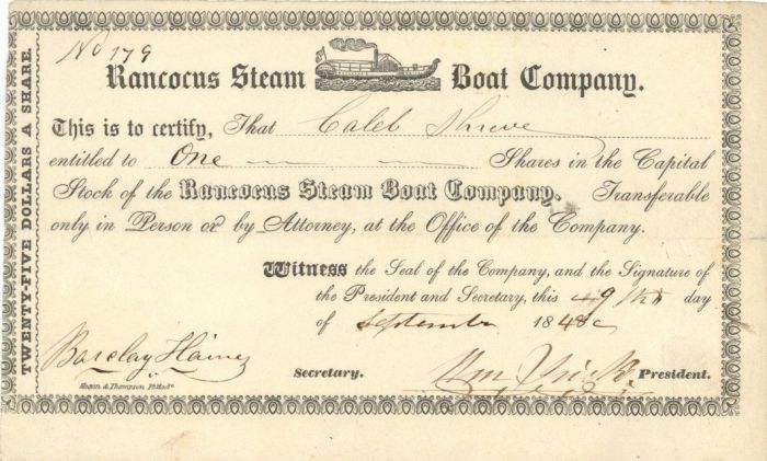 Rancocus Steam Boat Co. - Stock Certificate