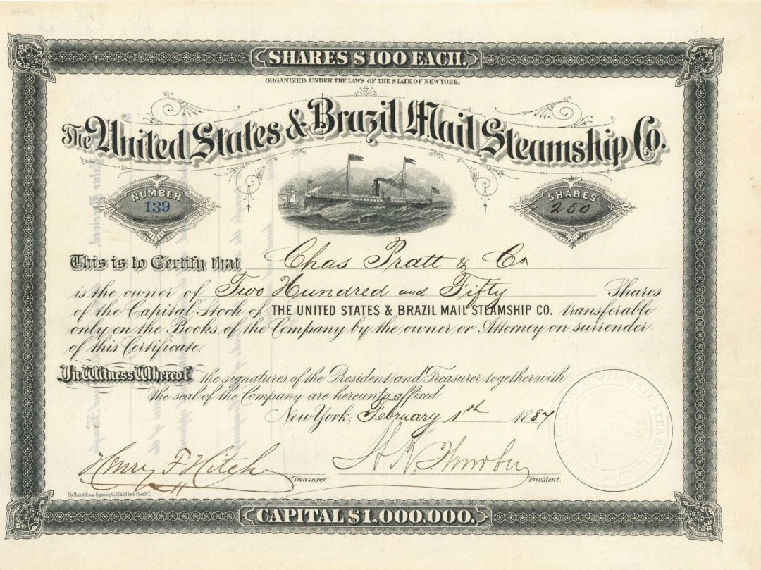 United States and Brazil Mail Steamship Co. - Stock Certificate
