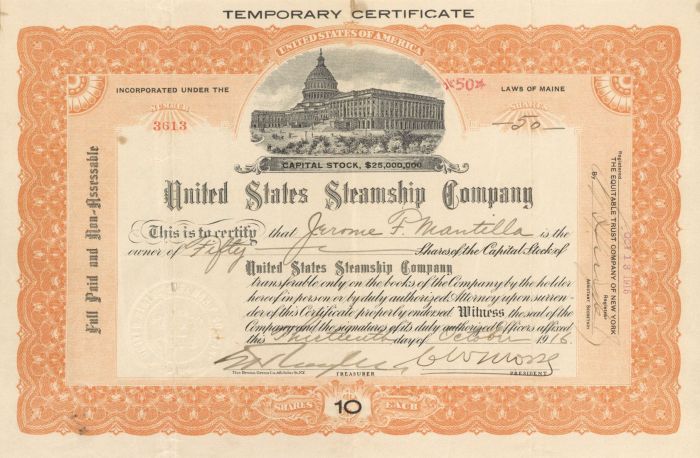 United States Steamship Co. - Stock Certificate