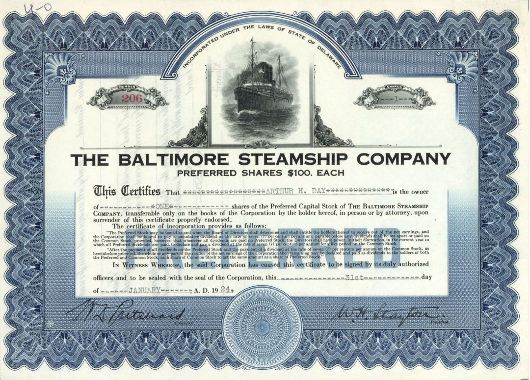 Baltimore Steamship Co. - Shipping Stock Certificate