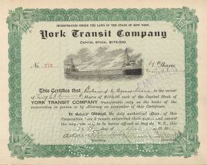 York Transit Co. - 1916 dated Stock Certificate