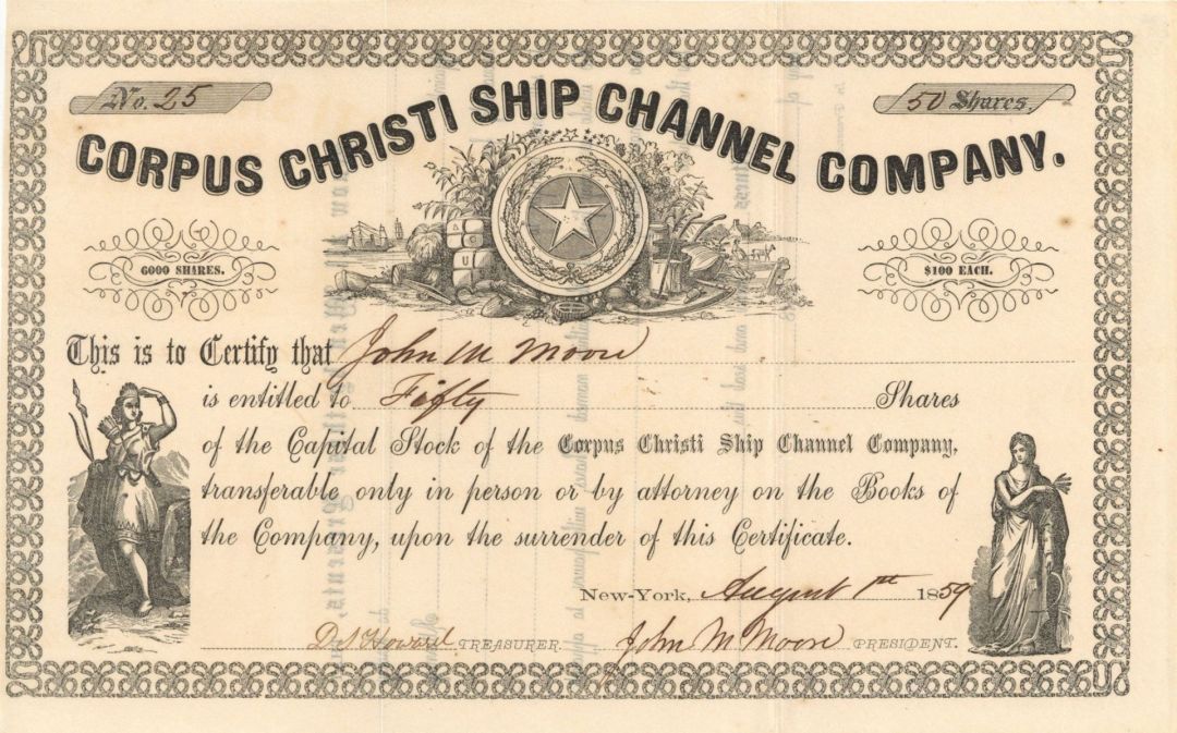 Corpus Christi Ship Channel Co. -  1859 dated Stock Certificate