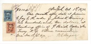 Promissory Note with Revenue Stamps - 1870 dated Americana - Stamps