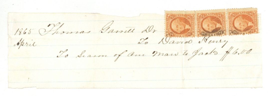 Promissory Note with Revenue Stamps - 1865 dated Americana - Stamps