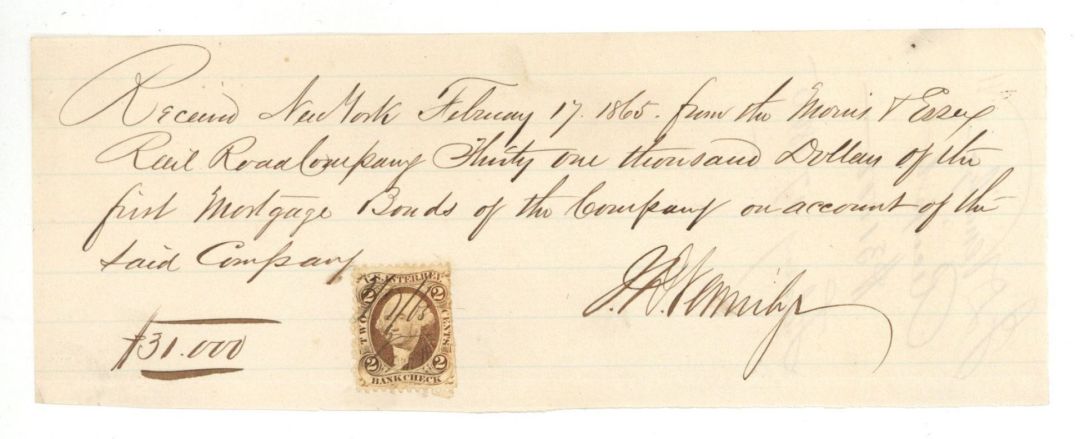 Receipt with Revenue Stamp - 1865 dated Americana - Stamps