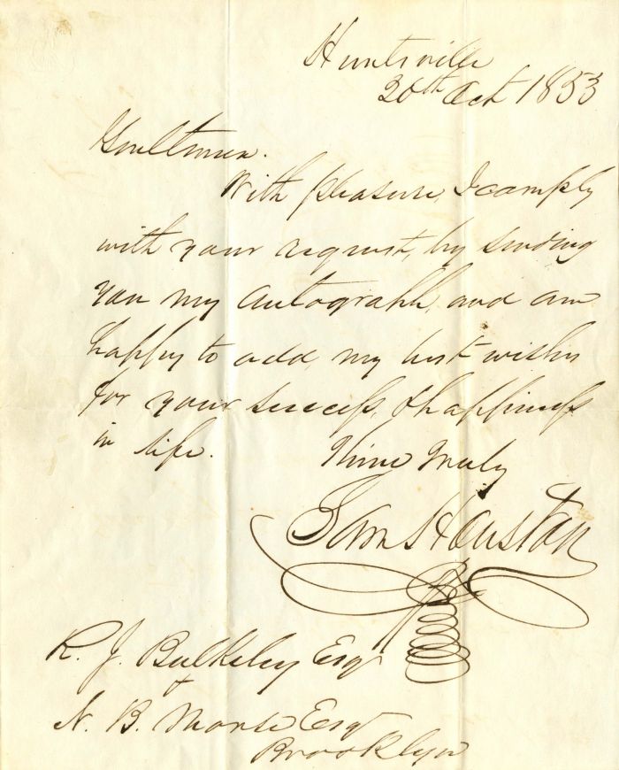 ALS, Autographed Letter signed by Sam Houston