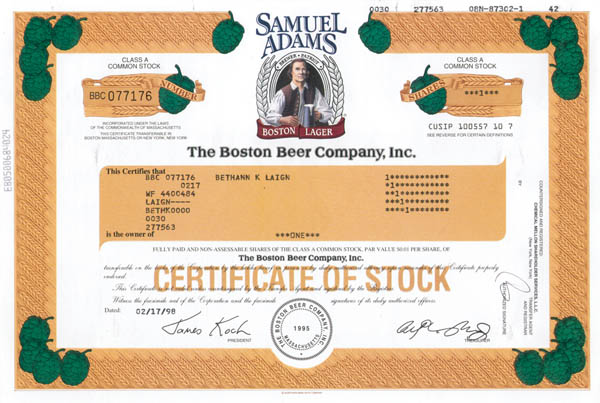 Samuel Adams Brewing - Stock Certificate