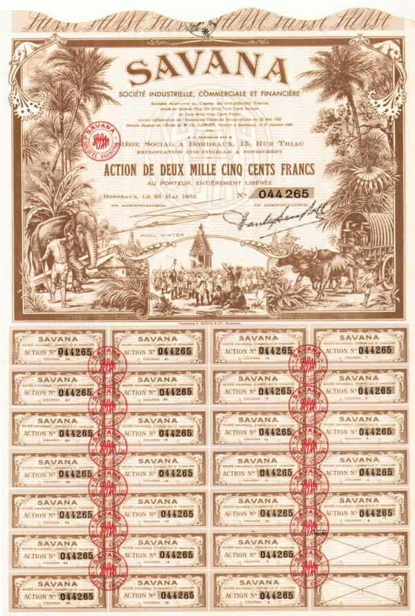 French Colonial - Savana Societe Industrielle, Commerciale Et Financiere - Stock Certificate (Uncanceled)