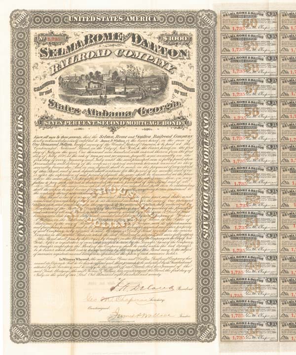 Selma, Rome and Dalton Railroad - $500 7% Uncancelled Bond (Uncanceled)