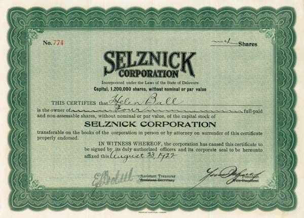 Selznick Corporation - Stock Certificate