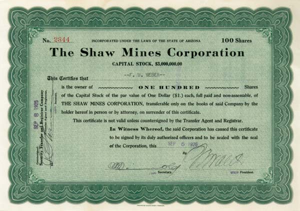 Shaw Mines Corporation - Stock Certificate