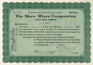 Shaw Mines Corporation - Stock Certificate