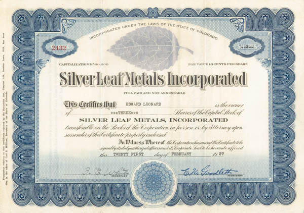 Silver Leaf Metals, Inc - Stock Certificate