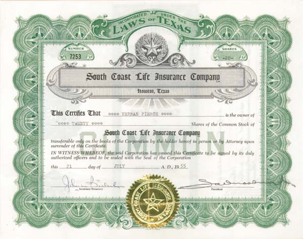 South Coast Life Insurance Co. - Stock Certificate (Uncanceled)