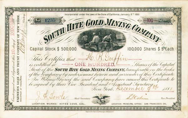 South Hite Gold Mining Co. - Stock Certificate (Uncanceled)