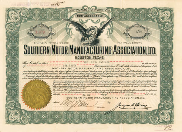 Southern Motor Manufacturing Association, Ltd - Stock Certificate