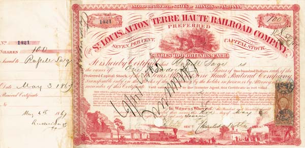 Russell Sage - St. Louis, Alton and Terre Haute Railroad - Stock Certificate