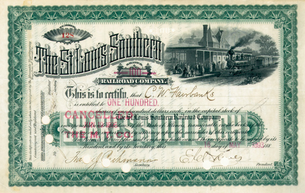 Charles W. Fairbanks - St. Louis Southern Railroad - Stock Certificate