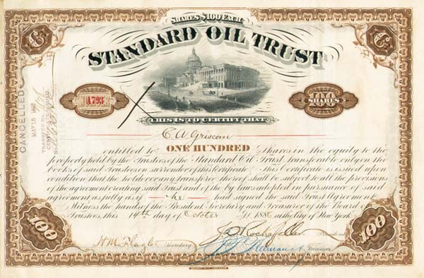 Standard Oil Trust signed by John D. Rockefeller, Henry M. Flagler and Clement A. Griscom - 1880's dated Stock Certificate