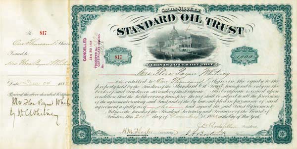 Standard Oil Trust issued to and signed by W. C. Whitney - 1880's dated Autograph Stock Certificate