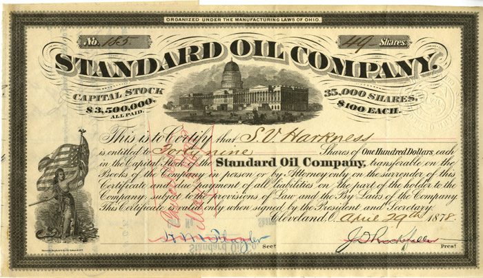 Standard Oil Signed by Rockefeller, Harkness, and Flagler - Stock Certificate