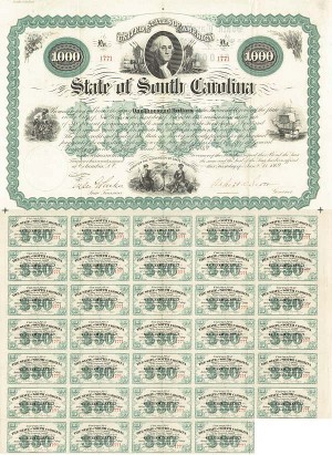 State of South Carolina Uncanceled Bond signed by Robert Kingston Scott